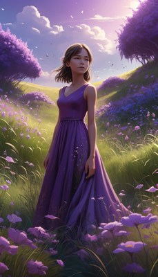 Woman in purple dress in field of flowers