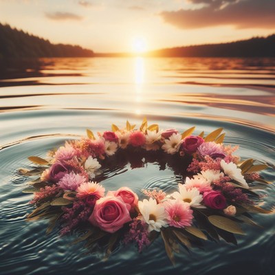 Flower wreath floating in lake at sunset