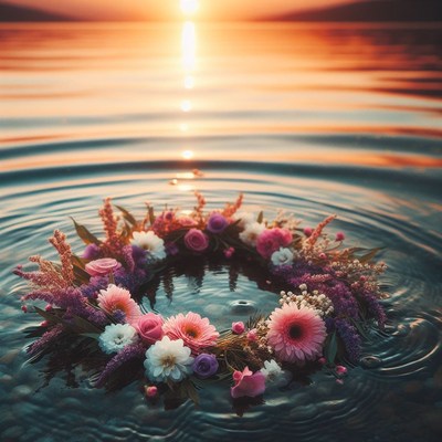 Flower wreath in sunset water