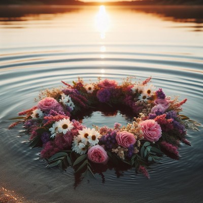 Flower wreath floating on water at sunset