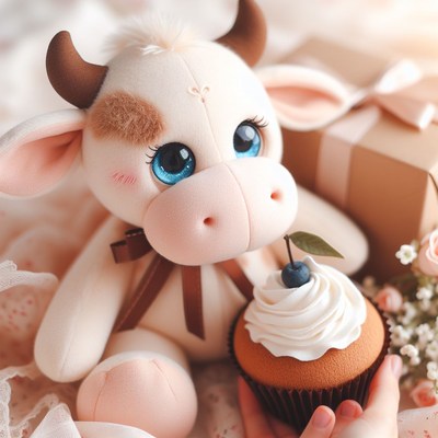 White stuffed cow with cupcake