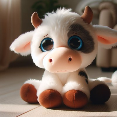 White cow plush toy sitting on floor