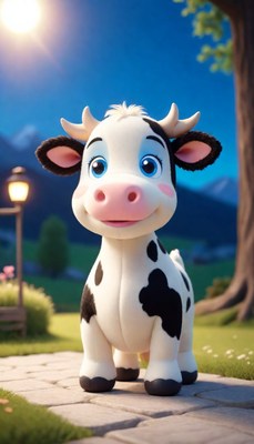 Cartoon cow walking on path at dusk