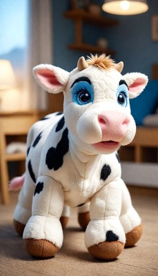 Plush cow toy standing in living room