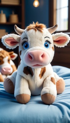 Plush cow toy on blue bed