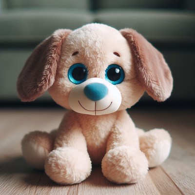 Plush dog sitting on wood floor