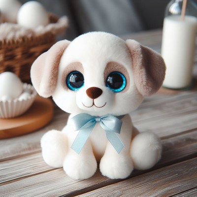 White plush puppy with blue bow