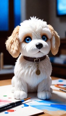 White puppy with blue eyes on watercolor paper