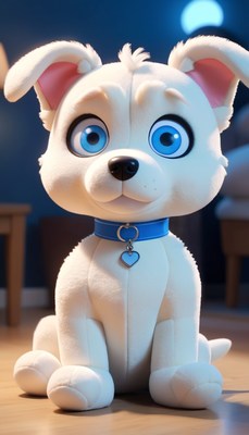 White plush puppy sitting on floor