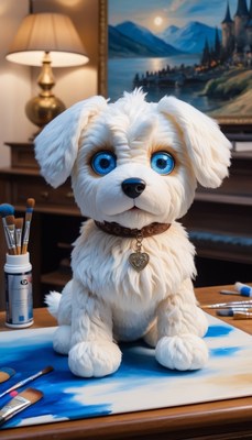 White dog posing on blue canvas