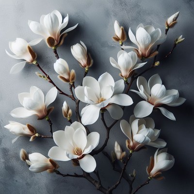 White magnolia blossoms on grey background