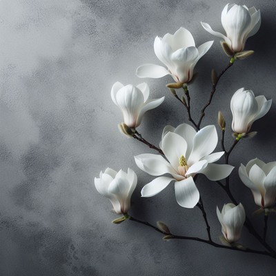 White magnolia blossoms on grey background