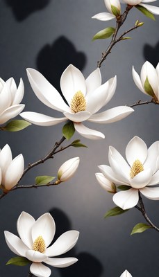 White magnolia blossoms on a grey background