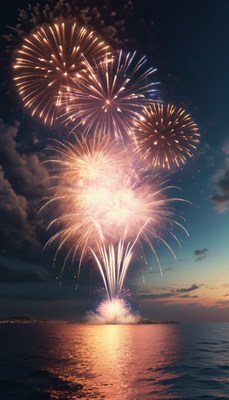 Fireworks display over water at night