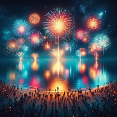 Vibrant Fireworks over Lake with Crowd