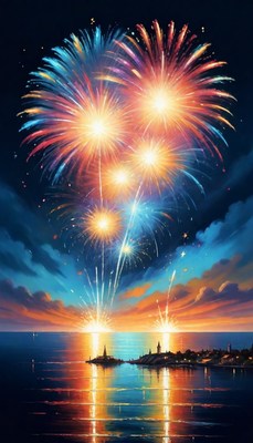 Fireworks over coastal city at sunset