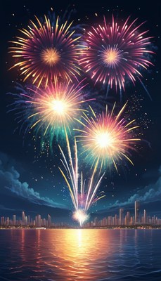 Fireworks display over city skyline