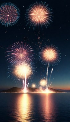 Fireworks display over coastal city at night