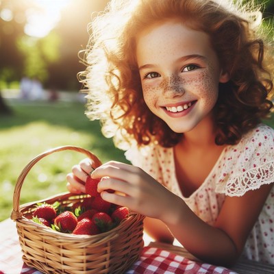 Girl picking strawberries in basket