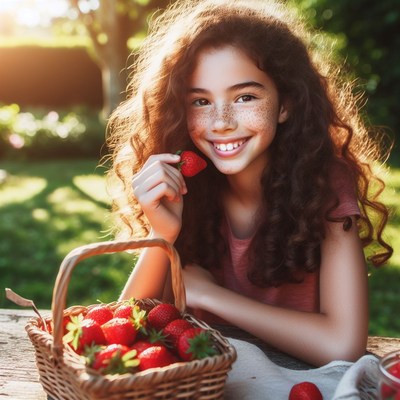 Girl eating strawberries in a basket