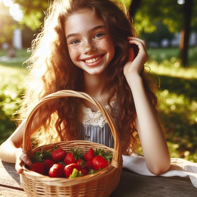 Girl with basket of strawberries in a park