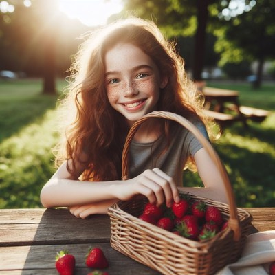 Girl picking strawberries at picnic table