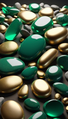 Green and gold stones on a dark surface