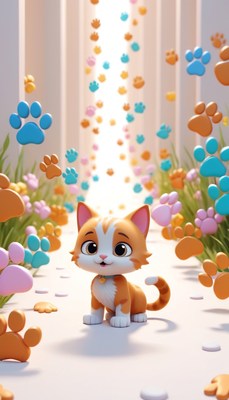 Cute kitten paw prints path