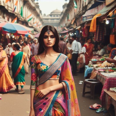 Woman in sari walking through indian market
