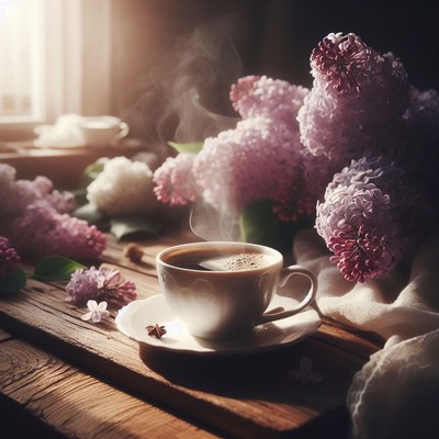Morning coffee with lilacs