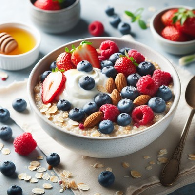 Oatmeal with berries, yogurt, and almonds