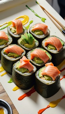 Salmon avocado sushi rolls with colorful drizzles