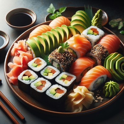 Sushi platter with salmon, avocado, and ginger