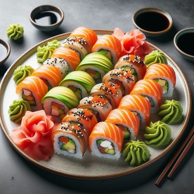 Assorted sushi rolls on plate