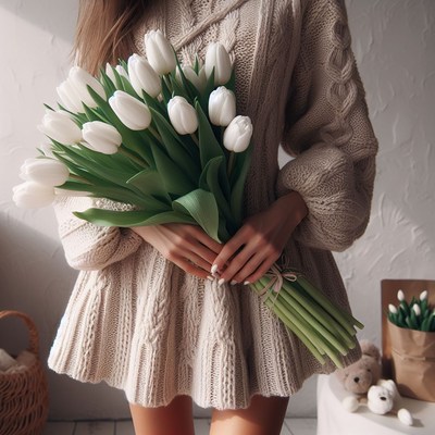Woman holding white tulips in knit sweater