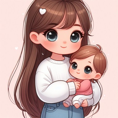 Cute cartoon mom holding baby