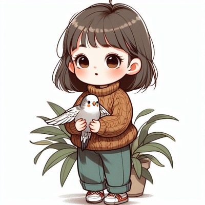 Girl holding bird in front of plant
