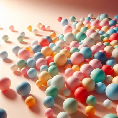 Pastel colored balls scattered on pink surface