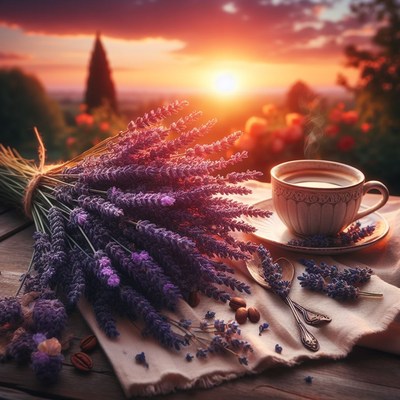Lavender and coffee at sunset