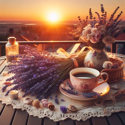 Coffee and lavender at sunset