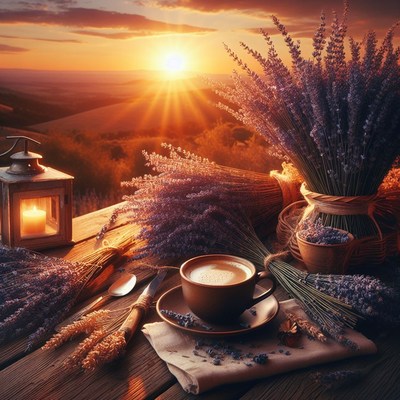 Coffee and lavender at sunset