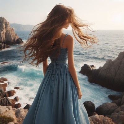 Woman in blue dress by the sea