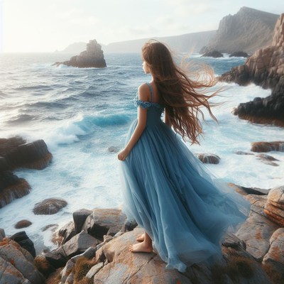 Woman in blue dress by the sea