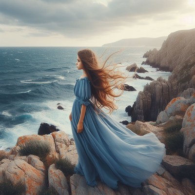 Woman in blue dress by the sea