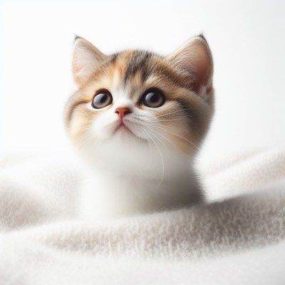 Kitten looking up on white blanket