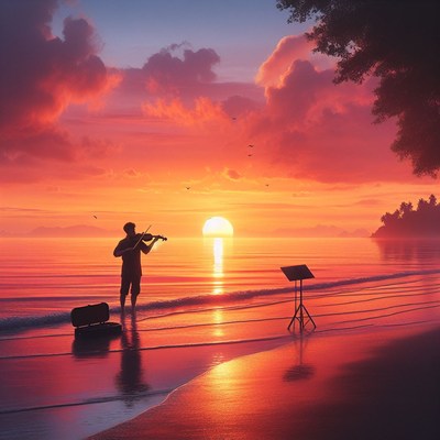 Violinist at sunset beach