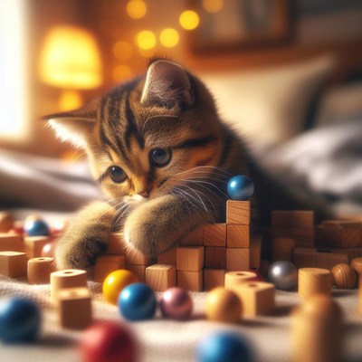 Kitten playing with wooden blocks