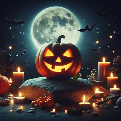 Jack-o'-lantern under full moon