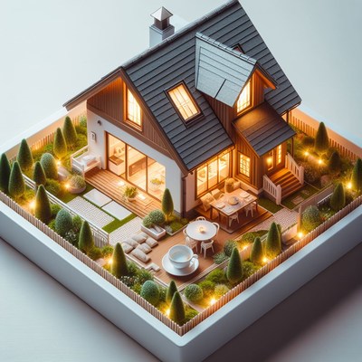 Illuminated house model with backyard