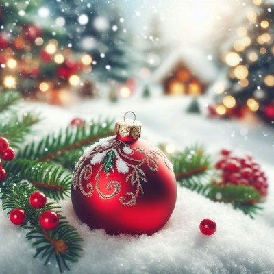 Red christmas ornament in snow